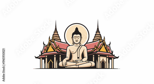 Stylized Buddha figure meditates in front of ornate, traditional temple architecture