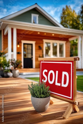Red sold sign in front of a newly purchased suburban home on a sunny wooden porch