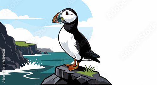 A stylized puffin stands on a rocky cliff overlooking a choppy teal sea under a blue sky with clouds
