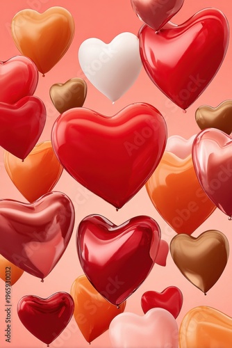 Red background with glossy heart-shaped balloons floating for Valentine and love celebration