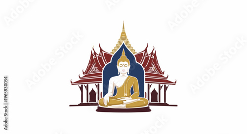 Golden Buddha meditation in temple architecture, serene, spiritual, peaceful, traditional East Asian religious icon