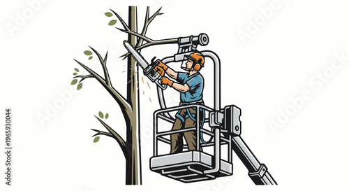 Arborist in cherry picker trims tree branches with chainsaw