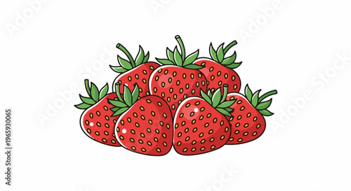 A pile of juicy, red strawberries with green leafy tops and visible seeds