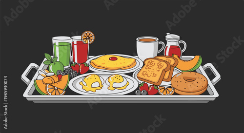 A breakfast tray overflowing with diverse delicious items fruits, drinks, eggs, pancakes, toast, and a bagel