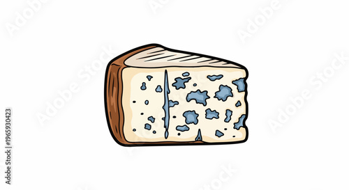 A wedge of blue cheese with blue veins and speckles on a white background