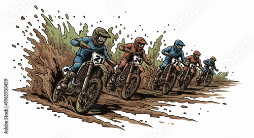 Five dirt bike riders race through a muddy track, splashing brown water and dirt