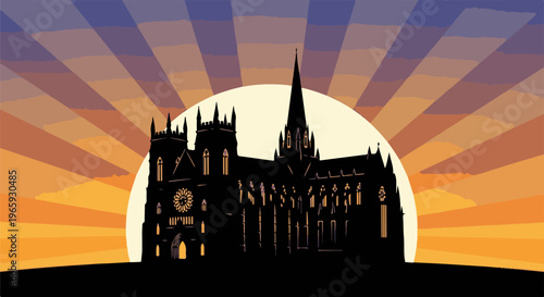 Silhouette of a grand gothic cathedral against a vibrant sunburst sky at dawn or dusk