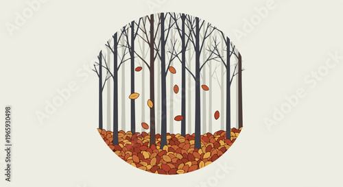 Stylized autumn forest scene with falling leaves and a carpet of foliage