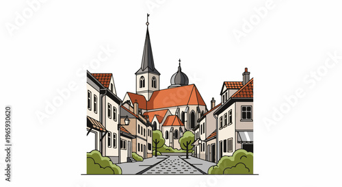 A picturesque street scene features a prominent church with a tall spire, flanked by charming European-style buildings