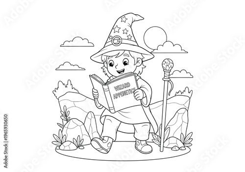 Coloring page for children featuring a cute little wizard apprentice reading a magic book in a fantasy landscape with a staff, mountains, clouds, and sun, line art illustration