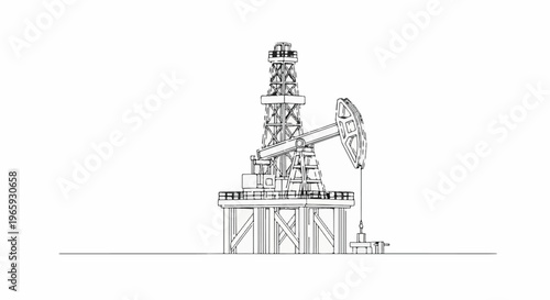 Sketch of an oil rig with a pumpjack on a white background