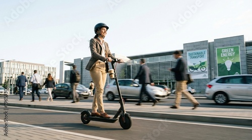 Young professional riding electric scooter urban street commute helmet business
