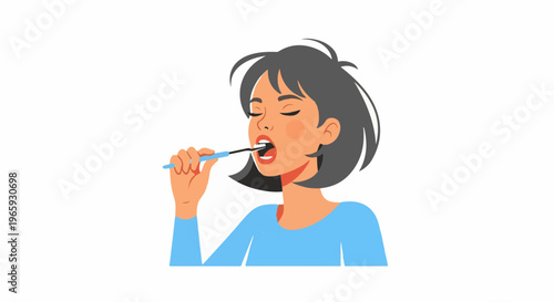 Person brushing teeth with toothbrush, close-up of mouth and face, grey hair, blue shirt