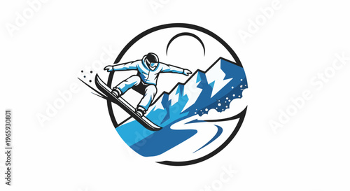 A stylized illustration of a snowboarder in mid-air, with snowy mountains and a crescent moon