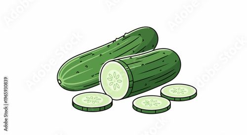 A cartoon illustration of two whole cucumbers and three cucumber slices on a white background