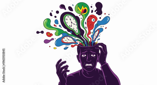 Distressed person's mind explodes with colorful abstract thoughts and clocks