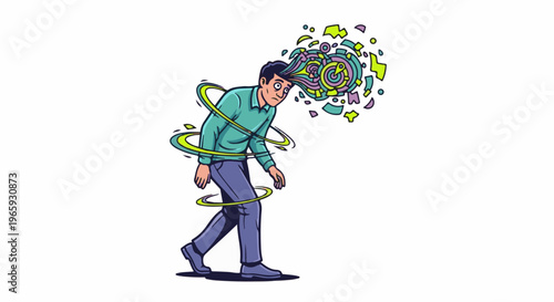 A man looks startled as abstract, colorful shapes erupt from his head