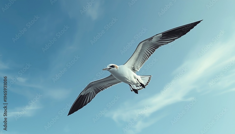 Fototapeta premium A graceful white seagull is captured in elegant flight with wings fully extended against a serene light blue sky.