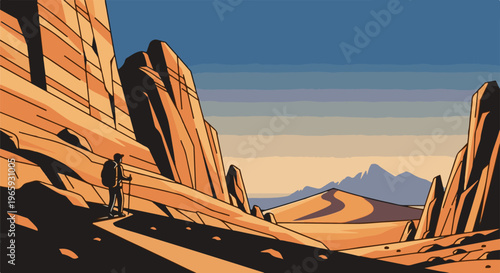 Hiker journeys through a desert canyon under a striped sky