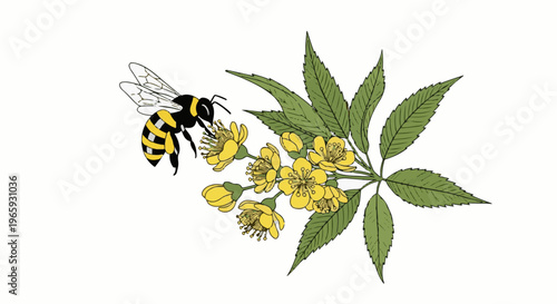 Stylized bee collecting nectar from yellow flowers on a green branch