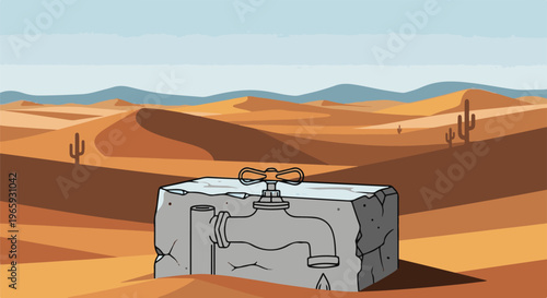 A lone water tap sits in a cracked rock, amidst a vast, arid desert landscape with cacti