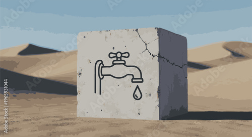 Concrete cube with a faucet icon stands in a barren desert landscape, symbolizing scarcity