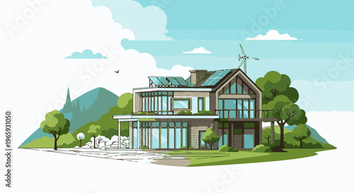 Modern sustainable house with solar panels and wind turbine in a green landscape