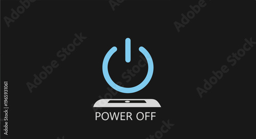 Minimalist icon of a power off button on a dark background with text below