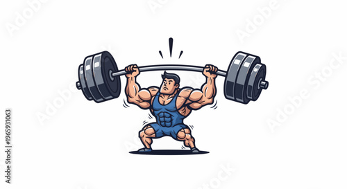 Muscular man in blue singlet lifting heavy barbell, focused expression