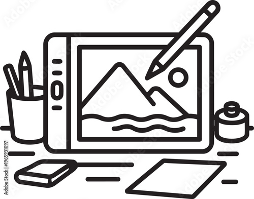 Outline vector icon of drawing tablet with stylus pen representing digital multimedia graphic art concept modern ui design