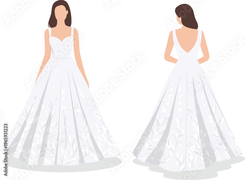 Elegant white bridal wedding dress vector illustration featuring front and back view with floral patterns for bride