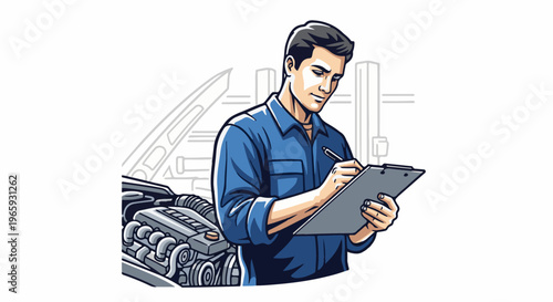 A mechanic in a blue uniform inspects a car engine with a clipboard and pen