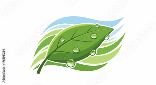 Green leaf with water drops and flowing lines