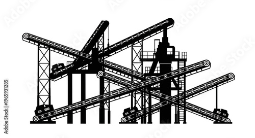 Silhouette of Industrial Conveyor Belt System for Material Handling.