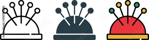 Minimalist pincushion vector icons set featuring needle pins in outline silhouette and colorful flat designs isolated on white background 