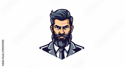 Stylized portrait of a man with a beard and slicked-back hair, wearing a suit and tie