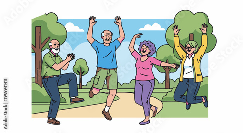 Joyful seniors dancing and jumping in a park, celebrating outdoors