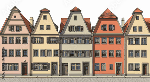 Colorful historic buildings with many windows line a cobblestone street