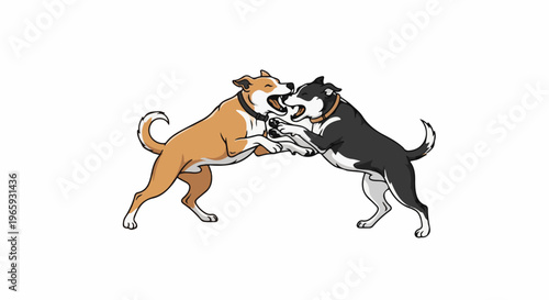 Two cartoon dogs, one brown and one black, play-fighting with open mouths and outstretched paws