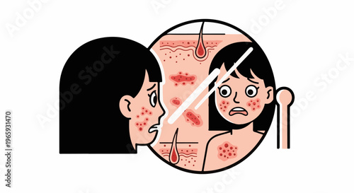 Distressed person viewing inflamed skin and pores in mirror