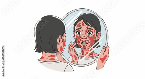 Person with severe facial and body rash looking distressed in a mirror