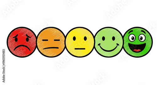 Five cartoon smiley faces show a range of emotions from sad to ecstatic