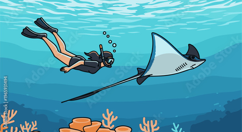 A diver swims near a manta ray amidst coral reef in clear blue ocean water