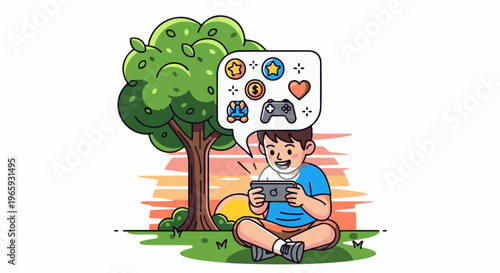 Joyful child plays video game on mobile phone under a tree at sunset