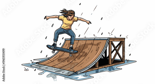 A person rides a skateboard down a ramp during a rain shower