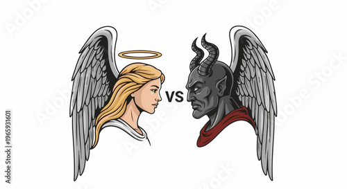 Winged figures, one angelic with halo, the other demonic with horns, facing off