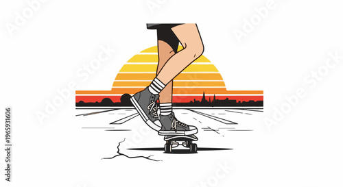 Woman's legs in sneakers and striped socks on skateboard, sunset road with city skyline