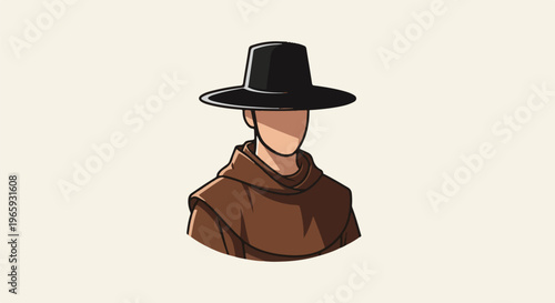 Stylized depiction of a person wearing a brown robe and a wide-brimmed black hat against a pale background