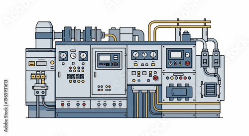 Complex industrial machinery with various controls, meters, pipes, and conduits, rendered in a flat, stylized aesthetic