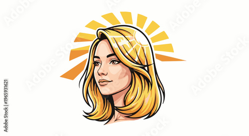 A stylized portrait of a young woman with blonde hair, framed by sun-like rays